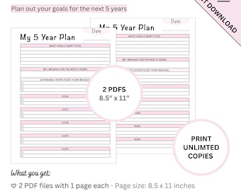 Printable 5 Year Goal Planning Template for 2026 to 2030 Plus Blank Template