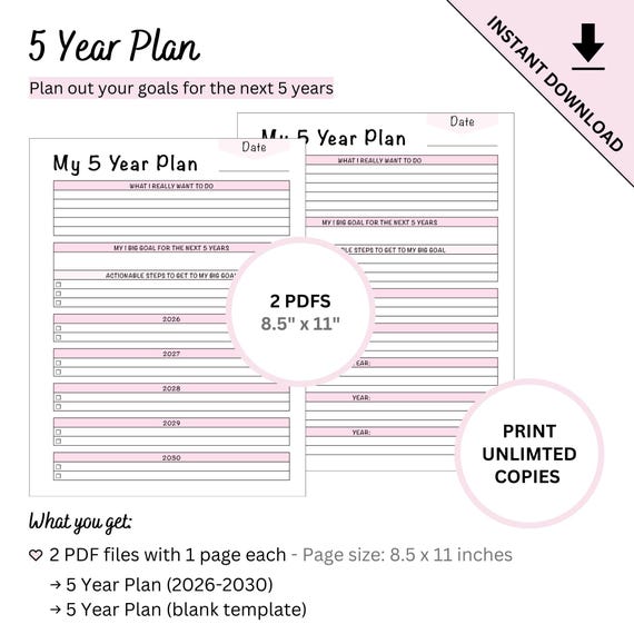 Printable 5 Year Goal Planning Template for 2026 to 2030 Plus Blank Template