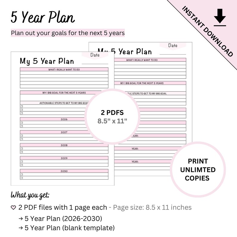 Plantilla imprimible de planificación de objetivos a 5 años (2026-2030) con plantilla en blanco. imagen 1