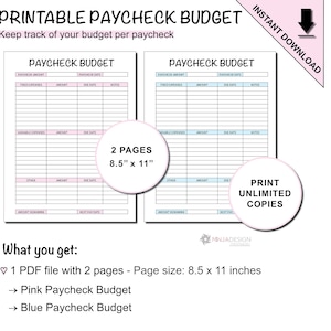 Puede incluir: Planificador de presupuesto de cheque de pago imprimible con dos páginas, una rosa y una azul, con un formato de tabla para realizar un seguimiento de los ingresos y los gastos. Las páginas miden 8,5 pulgadas por 11 pulgadas.