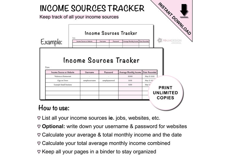 Printable Income Sources Tracker to Track Multiple Sources of Income - Etsy