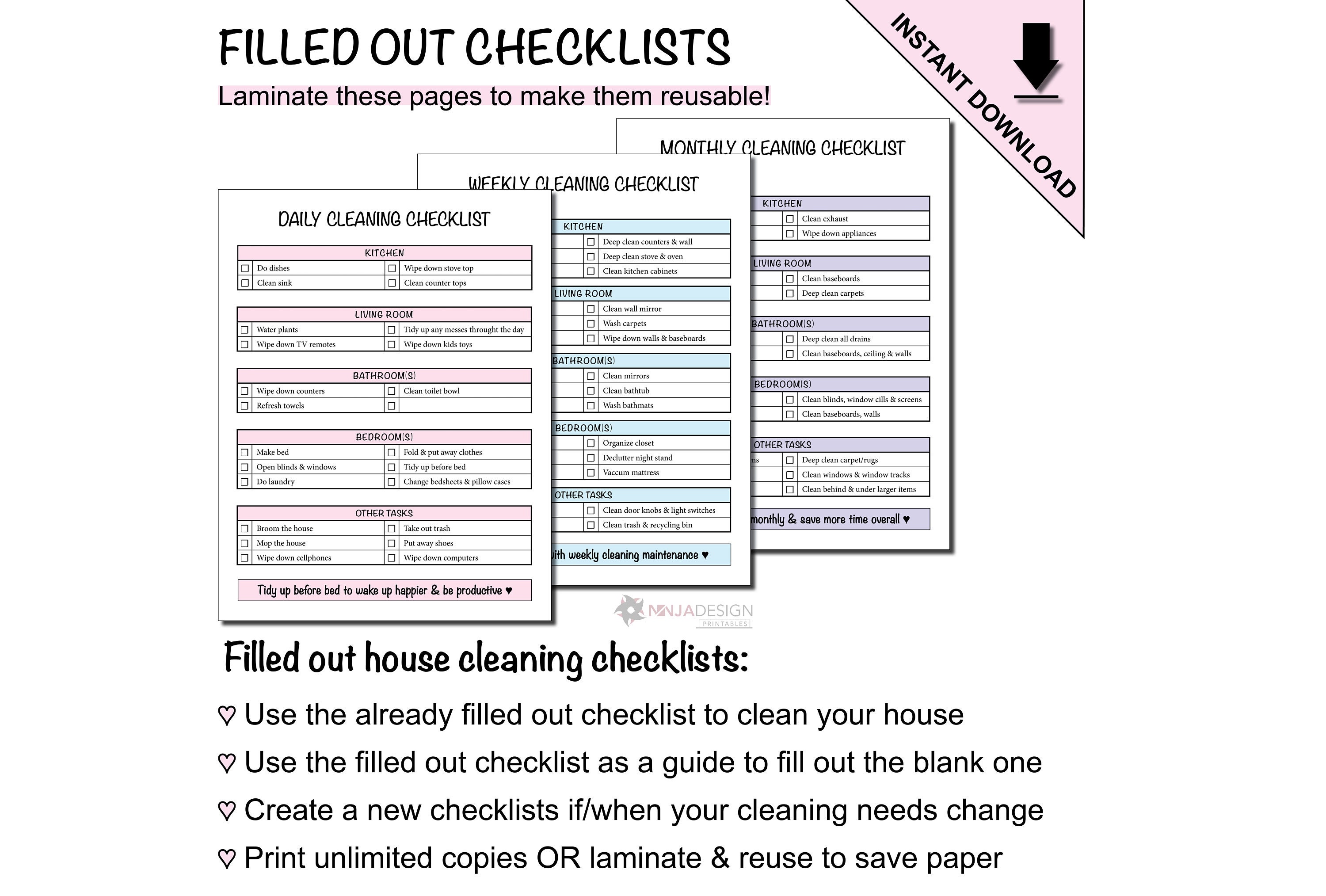 Printable House Cleaning Checklists for a Clean Home | Daily, Weekly ...