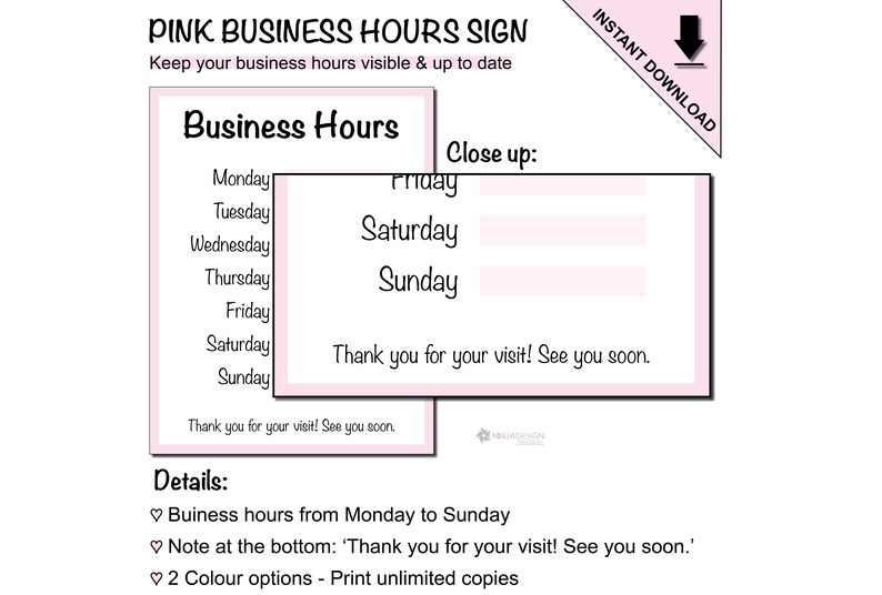 Printable Business Hours of Operation Sign to Display Custom Business ...