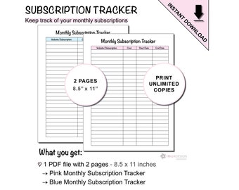 Printable Monthly Subscription Tracker to Track Website and App Subscriptions and Memberships