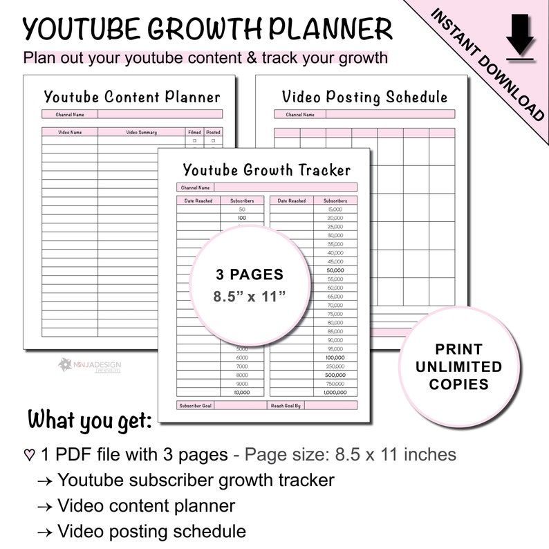 Printable Youtube Content Planner &amp; Youtube Growth Tracker - Etsy