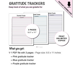 Hojas imprimibles de seguimiento de gratitud / Registro diario de gratitud