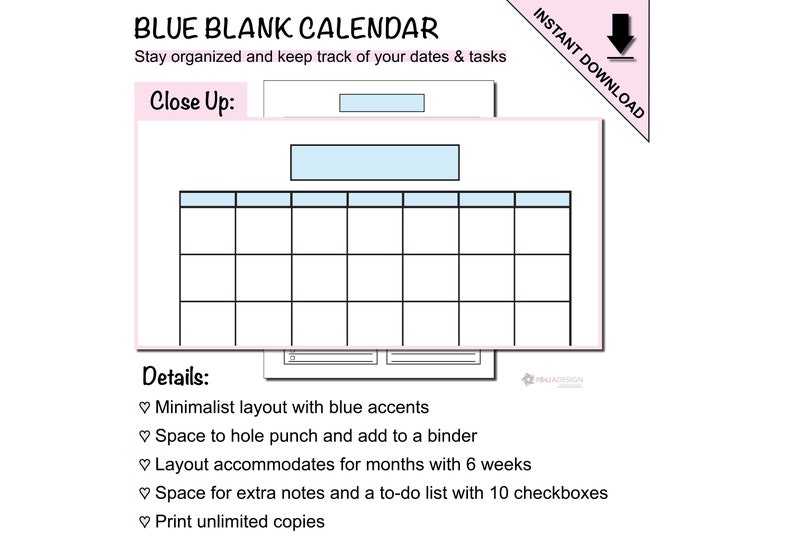 Calendar Printable Withe Checkboxes Printable Blank Calendar Planner Pages With Notes & To-do List With ...