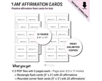 Printable Affirmation Cards for Kids | Set of 20 'I am' affirmations | Colourable