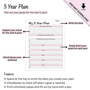 Plantilla imprimible de planificación de objetivos a 5 años (2026-2030) con plantilla en blanco. imagen 2