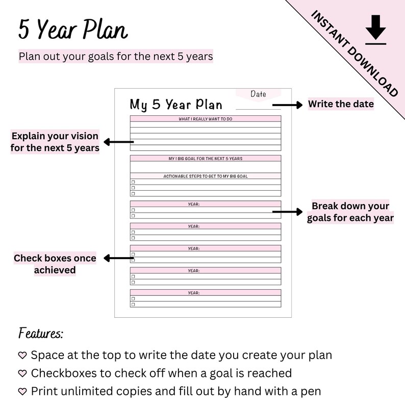 Plantilla imprimible de planificación de objetivos a 5 años (2026-2030) con plantilla en blanco. imagen 2