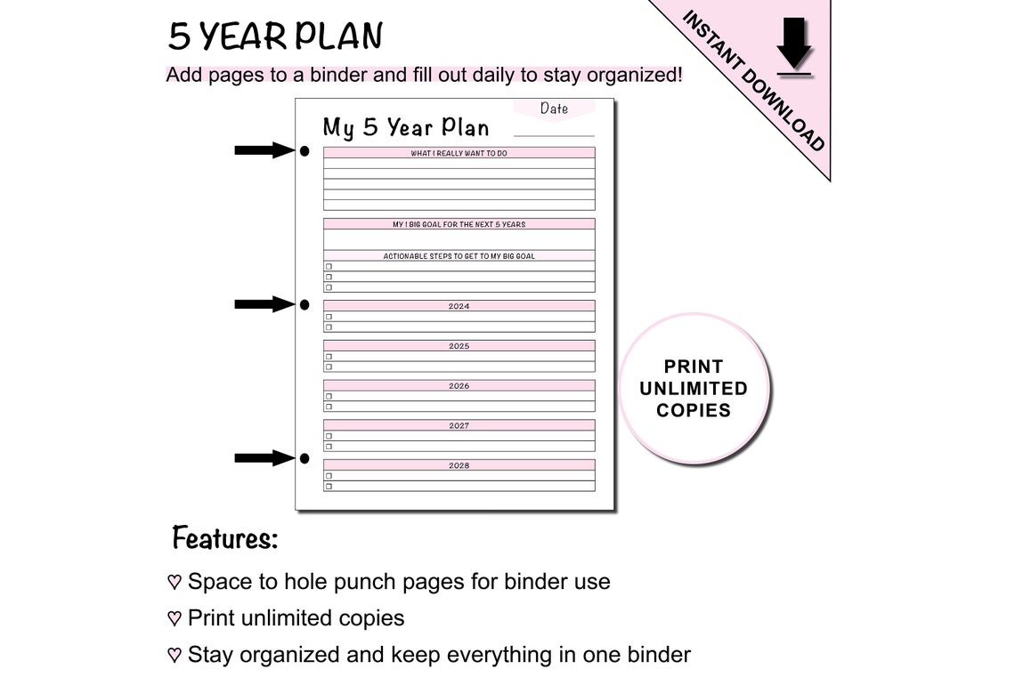 Printable 5 Year Goal Planning Template for 2024 to 2028 Plus Blank ...
