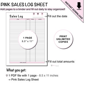 Printable Pink Sales Log Sheet for Small Businesses