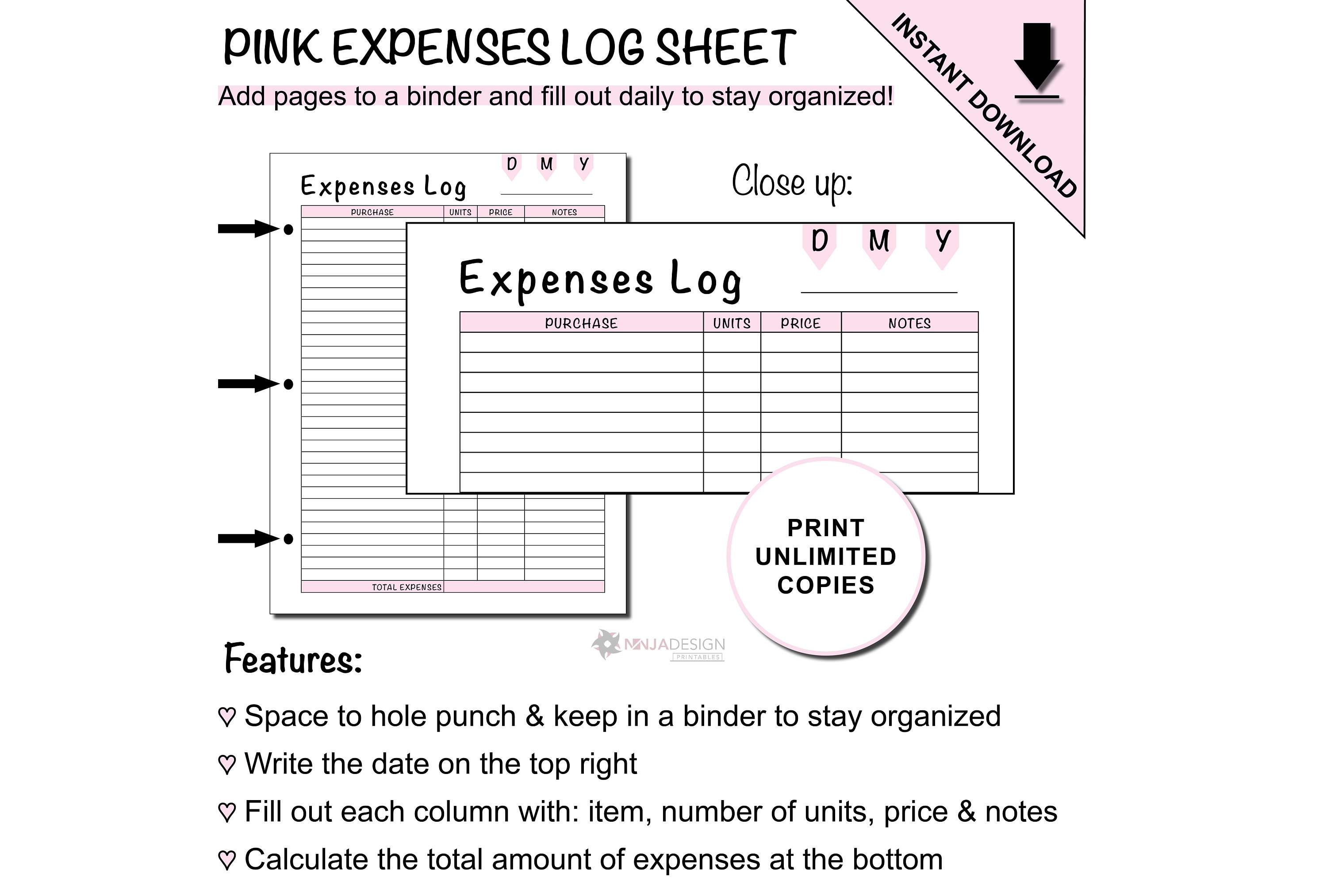 Printable Pink Expenses Log Sheet to Track Small Business Expenses - Etsy