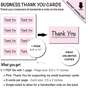 Tarjetas de agradecimiento para imprimir por apoyar mi pequeña empresa / insertos para empaques de tarjetas de presentación
