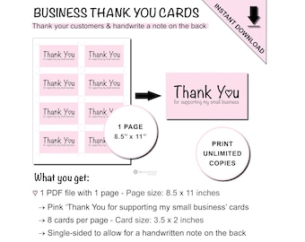 Printable Thank You For Supporting My Small Business Cards | Business Card Packaging Inserts