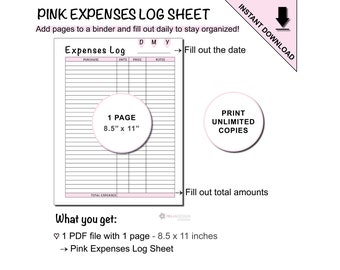 Printable Pink Expenses Log Sheet to Track Small Business Expenses