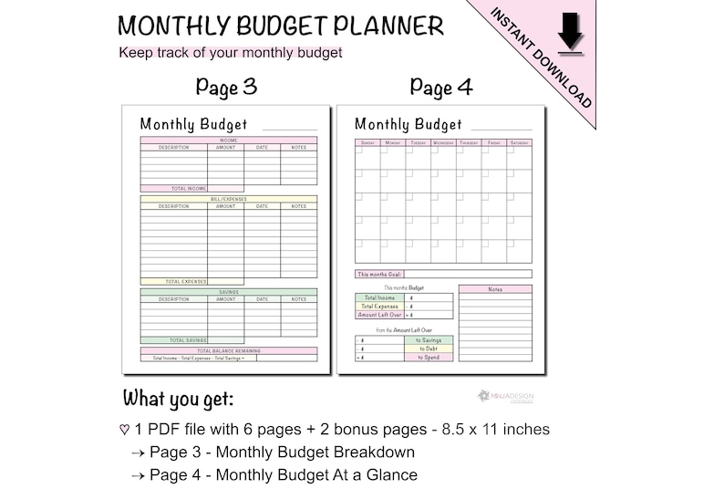 Printable Monthly Budget Planner With a Blank Monthly Calendar to Log ...