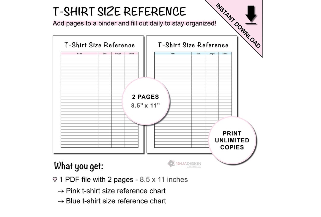 Printable T-shirt Size Reference Chart Tracker Sheet for Small ...