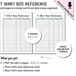 Może przedstawiać: Dwie strony do wydrukowania do rejestrowania rozmiarów koszulek. Strony mają rozmiar 8,5 cala na 11 cali. Jedna strona jest różowa, a druga niebieska. Tekst "T-Shirt Size Reference" znajduje się na górze każdej strony.
