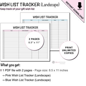 Printable Landscape Wish List Tracker to Keep Track of Things You Want to Buy or Receive as a Gift