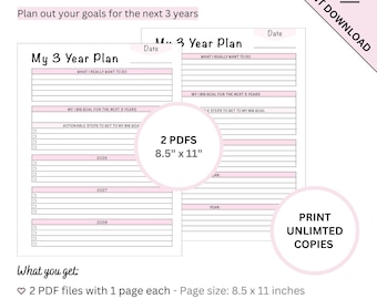 Plantilla imprimible de planificación de objetivos a 3 años (2026-2028) con plantilla en blanco.