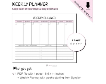 Printable Weekly Planner Sheet with To Do List and Notes Section | Landscape Weekly Planner Page To Plan Your Week