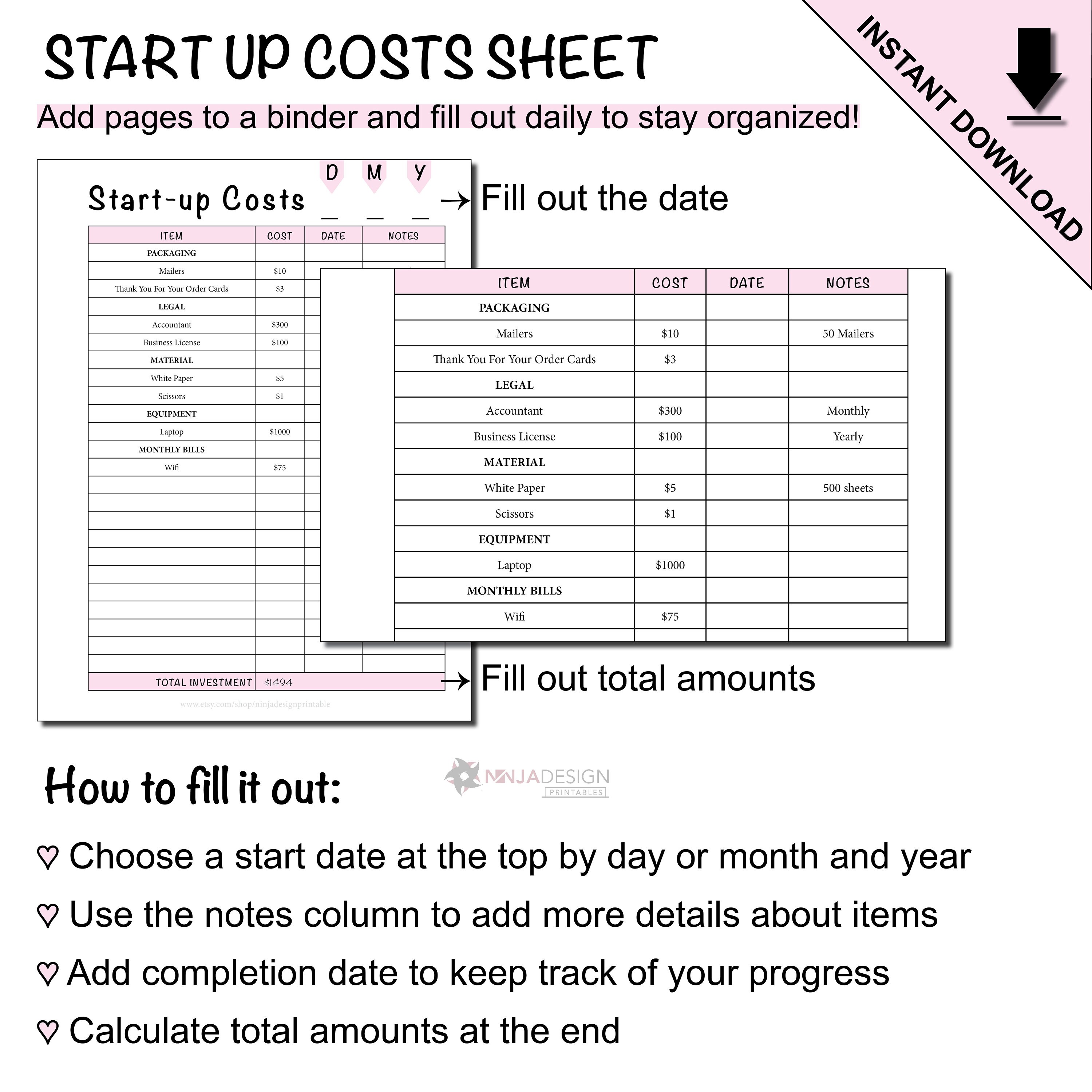 Printable Start up Cost Sheet for Business Etsy