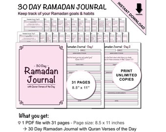 Printable Pink 30 Day Ramadan Journal with Quran Verses of the Day for Kids & Adults | Ramadan Preparation