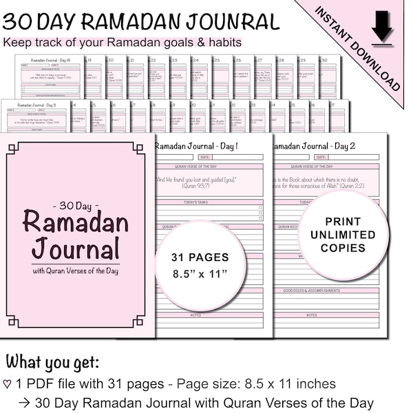Printable Pink 30 Day Ramadan Journal with Quran Verses of the Day for Kids & Adults | Ramadan Preparation