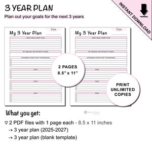 Printable 3 Year Goal Planning Template for 2025 to 2027 Plus Blank Template