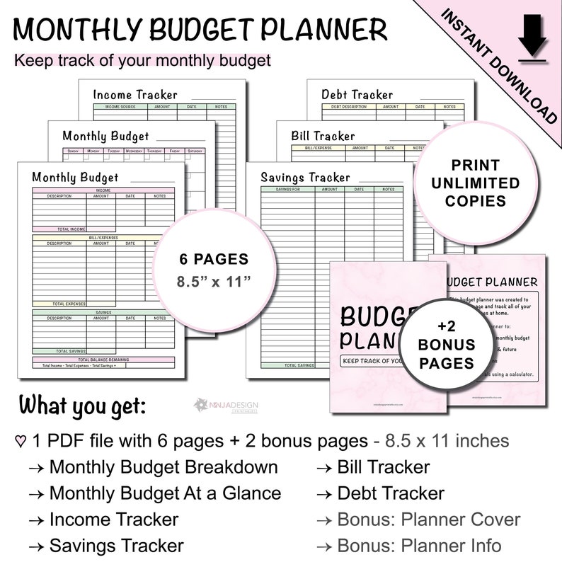 Printable Monthly Budget Planner With a Blank Monthly Calendar to Log ...