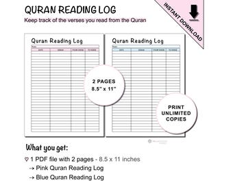 Printable Quran Reading Log to Track Verses of Surahs Read | Ramadan Preparation Planner