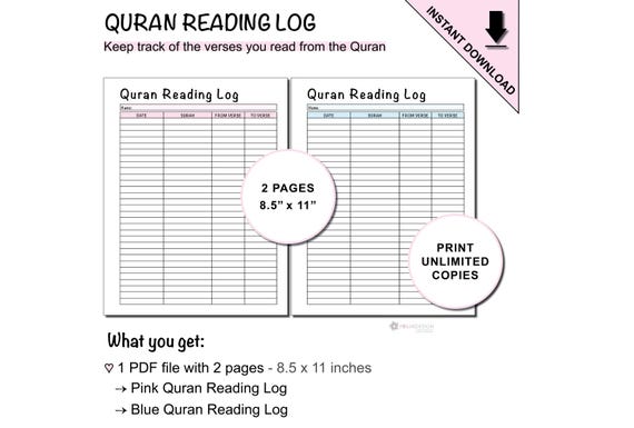 Printable Quran Reading Log to Track Verses of Surahs Read | Ramadan Preparation Planner