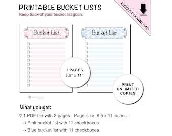 Printable Bucket List Sheets With Checkboxes In Pink & Blue To Keep Track Of Things You Want To Accomplish In Your Life