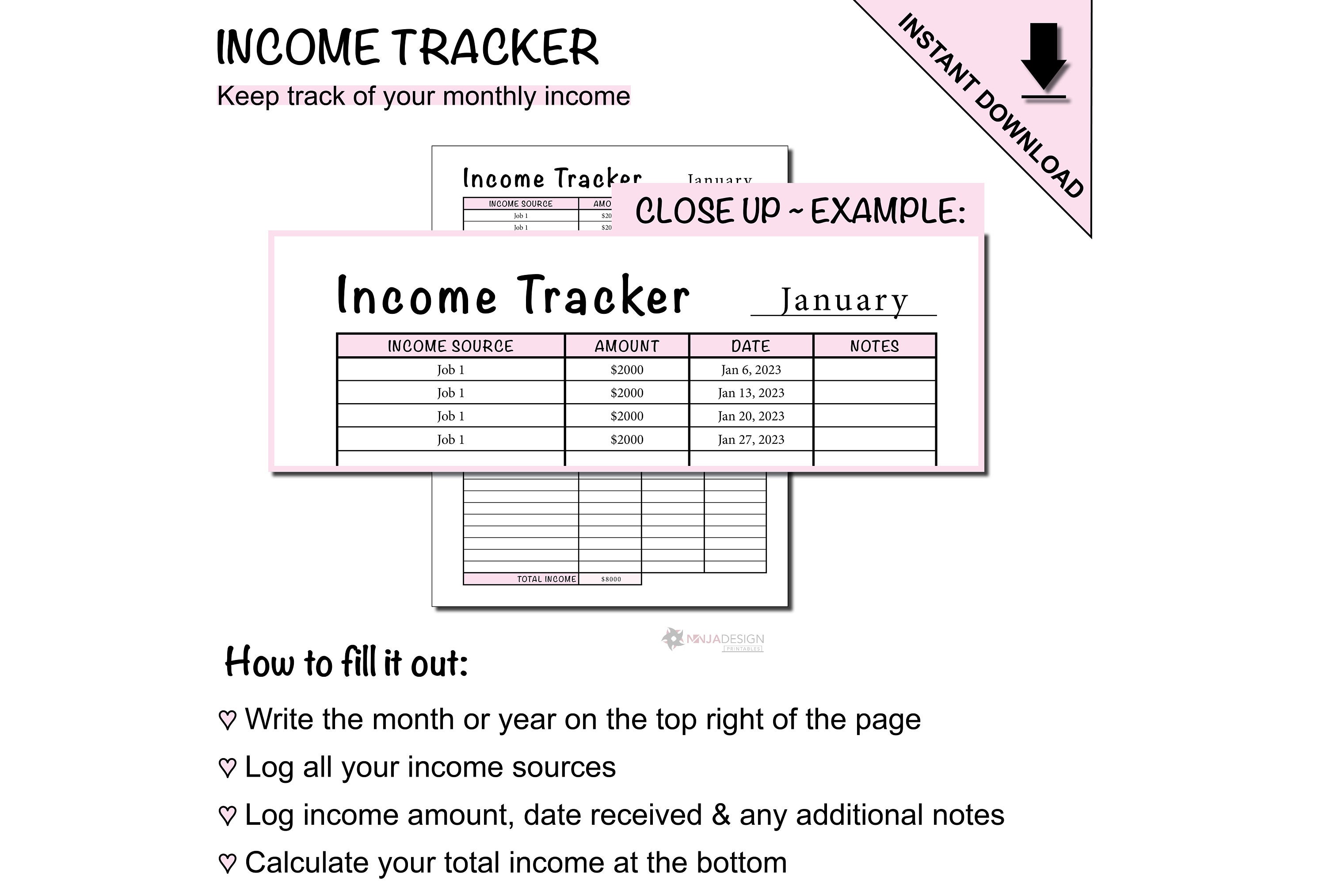 Printable Income Tracker Sheet to Track Your Monthly Income & Different ...