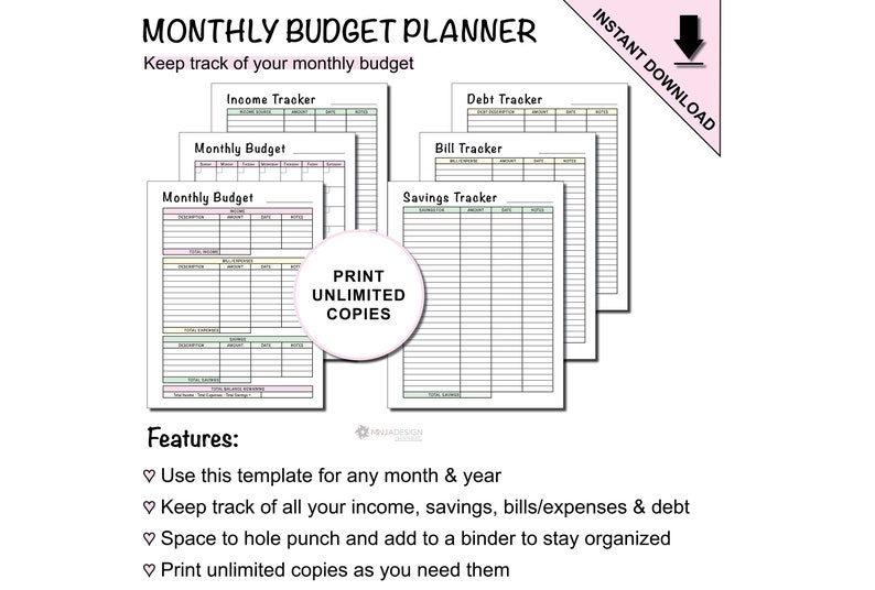 Printable Monthly Budget Planner With a Blank Monthly Calendar to Log ...