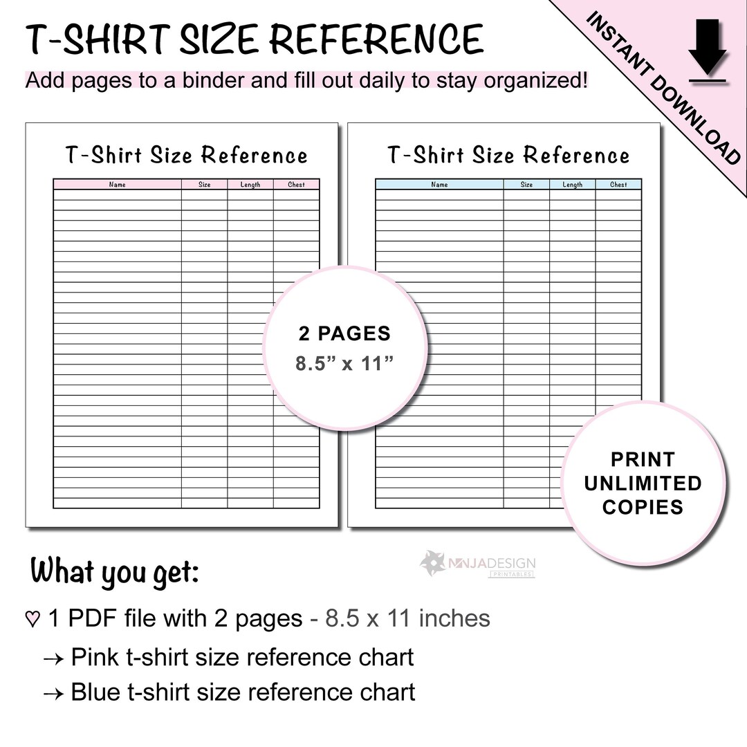 Printable T-shirt Size Reference Chart Tracker Sheet for Small - Etsy