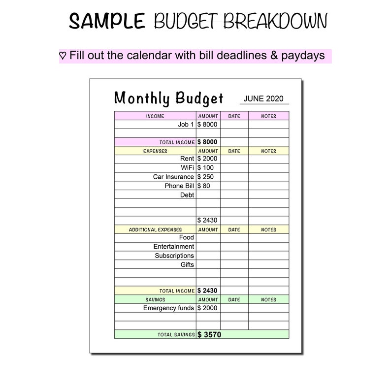 Printable Monthly Budget Breakdown Etsy Printable Monthly Budget Breakdown Etsy