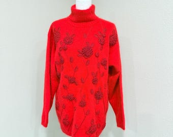 Vintage Rafaella Angora Królik Sweter z owczej wełny L Czerwony kwiatowy aplikacja 3D