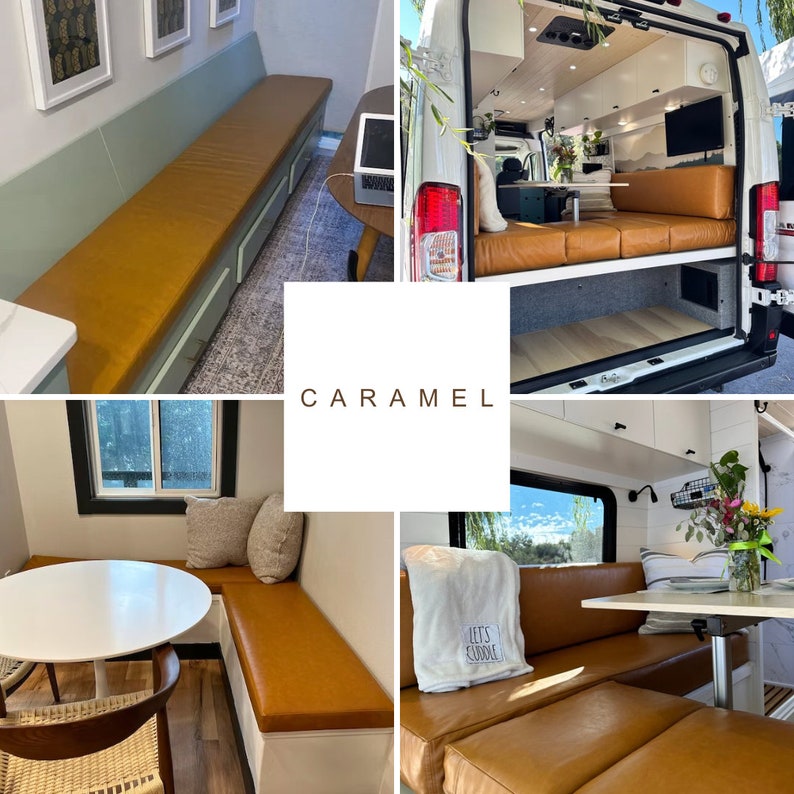 May include: A collage of four images showcasing a van conversion with a caramel colored leather couch and a white table. The van has a white exterior and a wood interior. The couch is in a variety of settings, including a living room, a kitchen, and a bedroom. The text "CARAMEL" is displayed in the center of the collage.