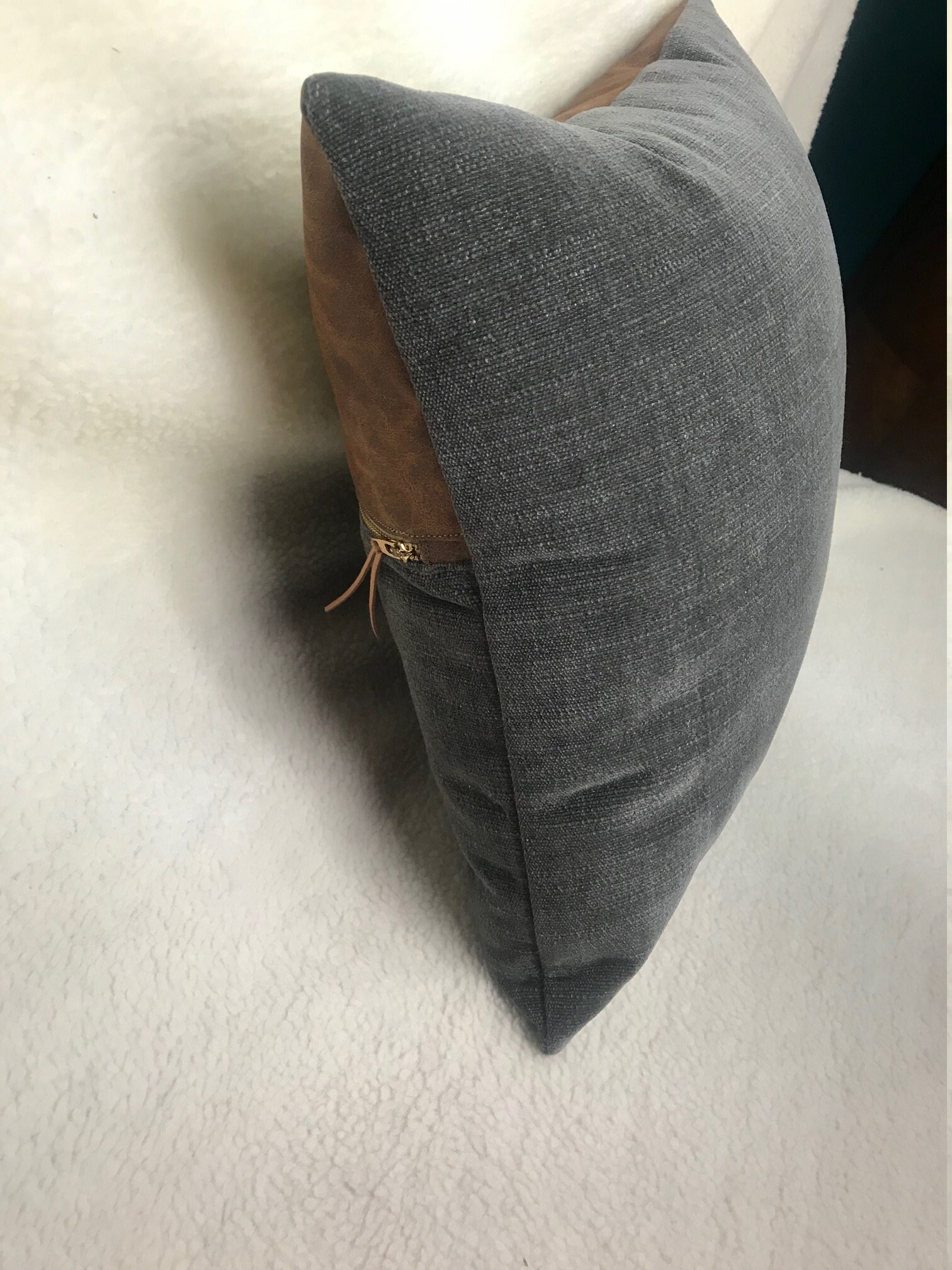 Gray Velvet and Distressed Brown Vegan Leather Pillow Cover Etsy