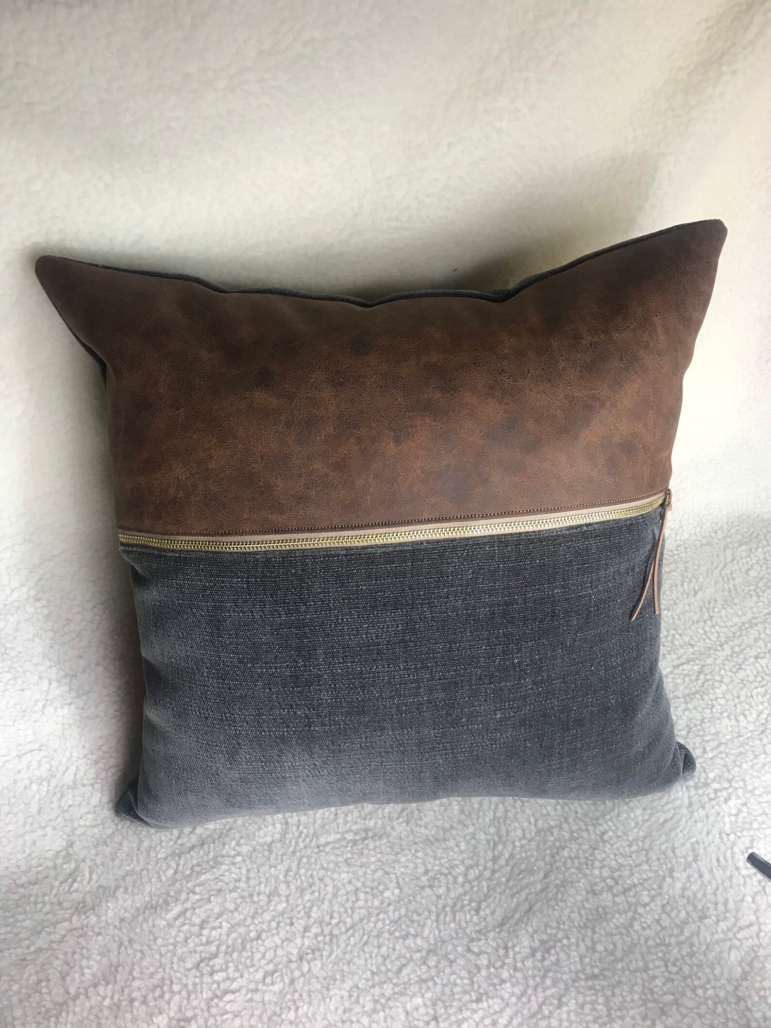 Gray Velvet and Distressed Brown Vegan Leather Pillow Cover Etsy