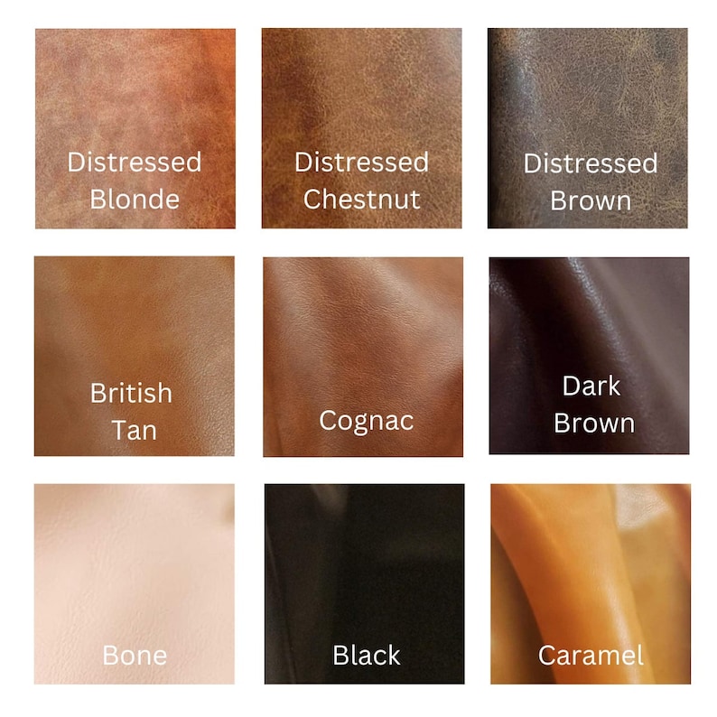 May include: Nine leather swatches in different colors and textures, including distressed blonde, distressed chestnut, distressed brown, British tan, cognac, dark brown, bone, black, and caramel.