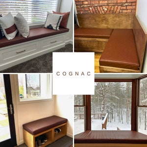 May include: Four different window seats with brown leather cushions. The seats are made of wood and have a variety of styles. The word "COGNAC" is written in white on a white background in the center of the image.