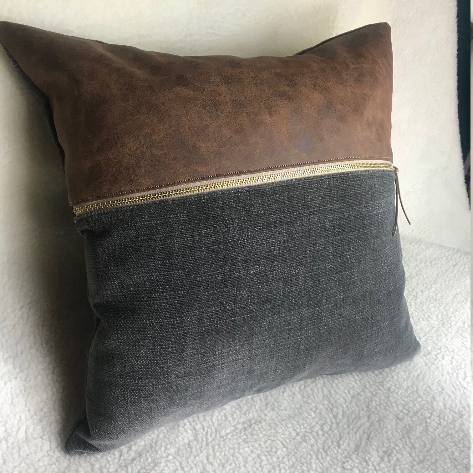 Gray Velvet and Distressed Brown Vegan Leather Pillow Cover Etsy