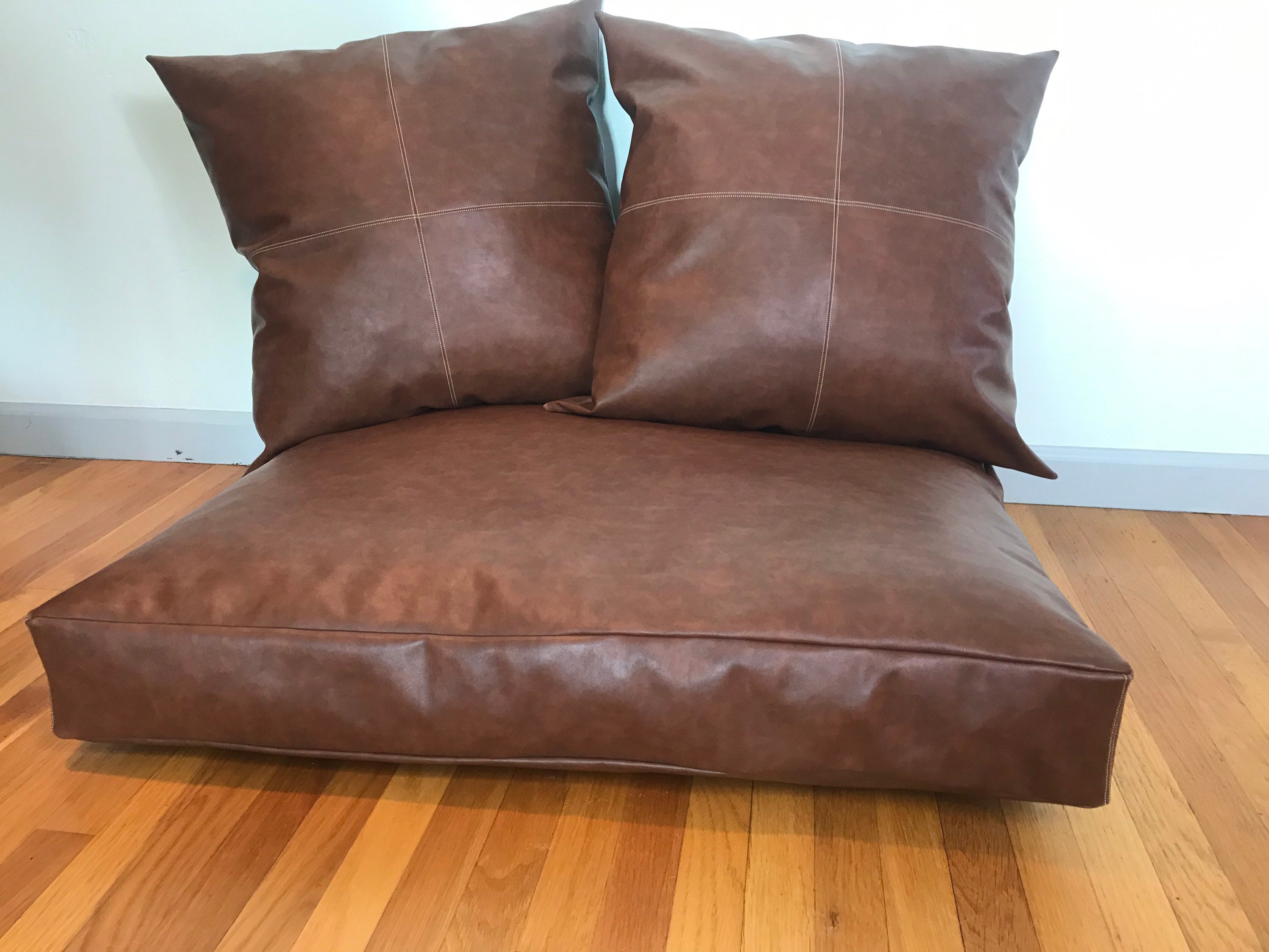 Cognac Brown Vegan Leather Floor Cushions Bench Seat Etsy