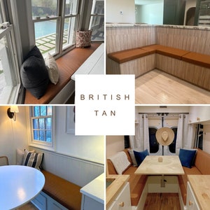 May include: Four different images of a tan colored bench seating. The first image shows a window seat with a tan cushion and pillows. The second image shows a corner bench with a tan cushion. The third image shows a bench seat with a tan cushion in a kitchen. The fourth image shows a tan bench seat in a camper van.