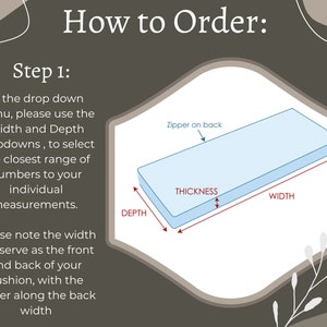May include: Diagram showing how to measure the width, depth, and thickness of a cushion. The cushion is light blue and has a zipper on the back. The text "Zipper on back", "THICKNESS", "WIDTH", and "DEPTH" are labeled on the diagram.