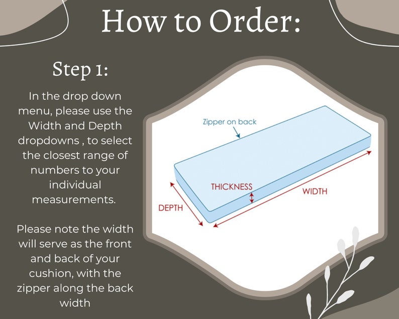 May include: Diagram showing how to measure the width, depth, and thickness of a cushion. The cushion is light blue and has a zipper on the back. The text "Zipper on back", "THICKNESS", "WIDTH", and "DEPTH" are labeled on the diagram.