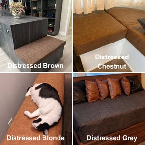May include: Four different colors of distressed faux leather upholstery fabric swatches. The colors are distressed brown, distressed chestnut, distressed blonde, and distressed grey.